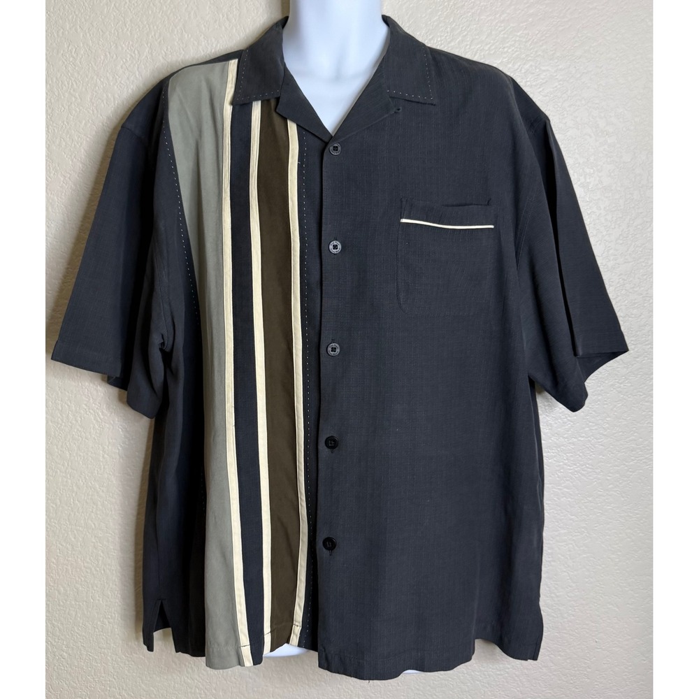 Nat Nast XL Button Up Shirt Black Lava Expresso Ivory Striped Silk Blend Luxury